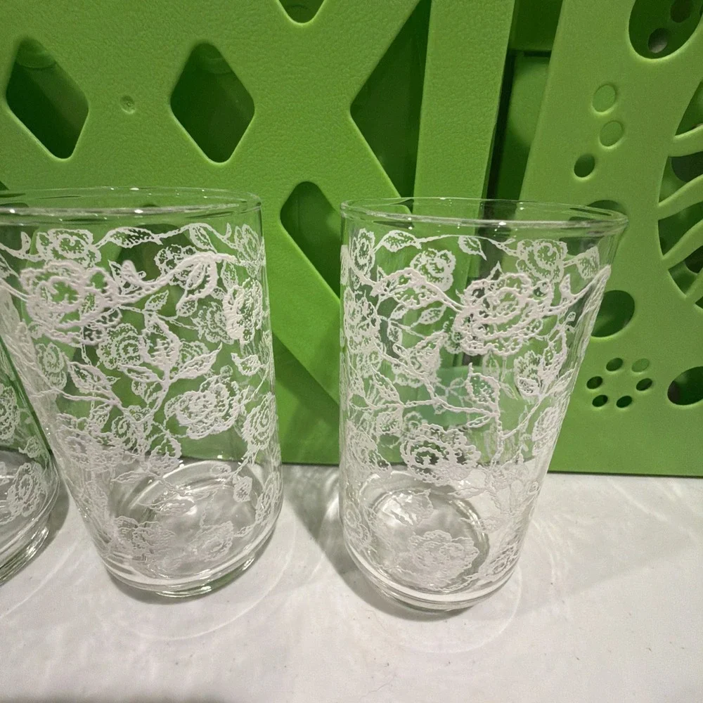 Vtg MCM Libbey 12 Oz Glass Tumbler Embossed White Rose Floral Pattern Set Of 7